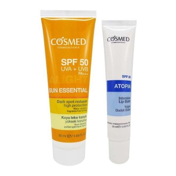 Spf 20 & 50 ArasıCosmedCosmed Sun Essential Dark Spot Reducer Cream Spf 50 50 ml + Lip Balm 20 ml Güneş Kremi Seti SKT 01/2022
