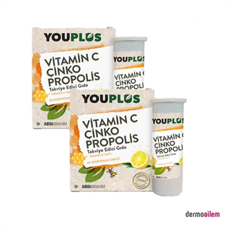 Takviye Edici GıdalarAbdi İbrahimYouPlus Vitamin C Çinko Propolis 20 Efervesan Tablet 2'li Paket